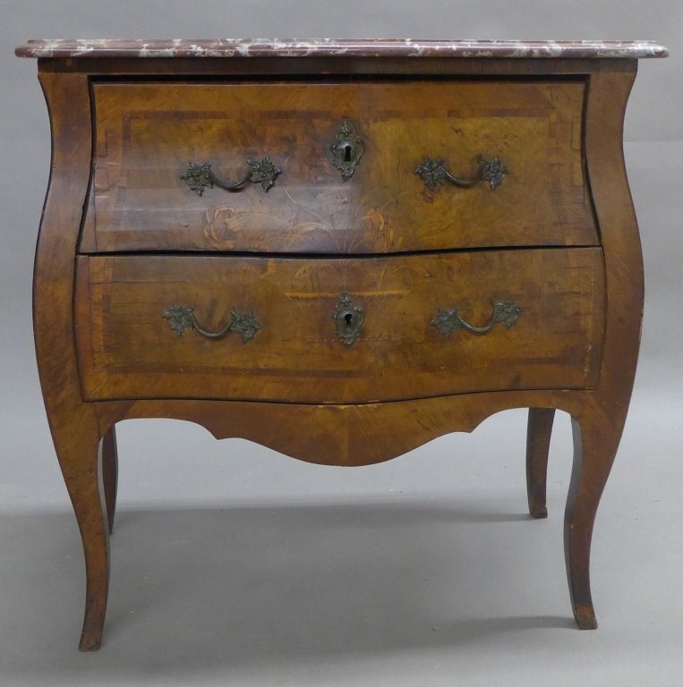 Italian Marble Top Commode, 18th/ 19th C: Beautiful antique walnut commode with marquetry detail. Ornate bronze mounts and drawer pulls. Height: 32 1/4", Width: 34", Depth: 19 3/4" (Chest of Drawers, furniture, dresser) STERLING ASSOCIATES ST