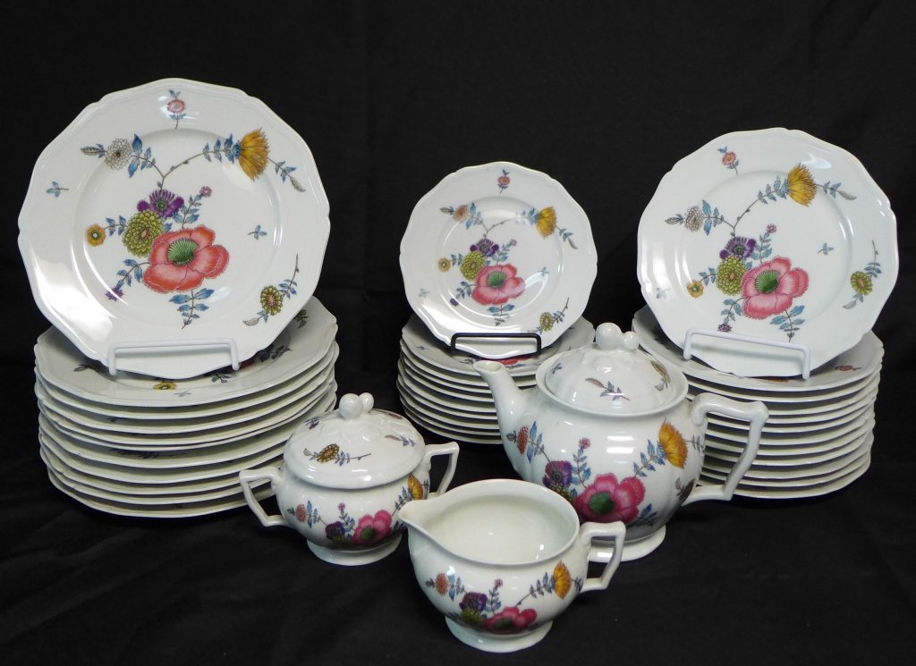 Limoges Porcelain Tea Set and Dinner Plates: Ceralene Limoges Anemones porcelain dinnerware with beautiful floral motif. Anemones collection was "inspired from a design found at the Victoria and Albert Museum- London circa 1750. Collection inclu