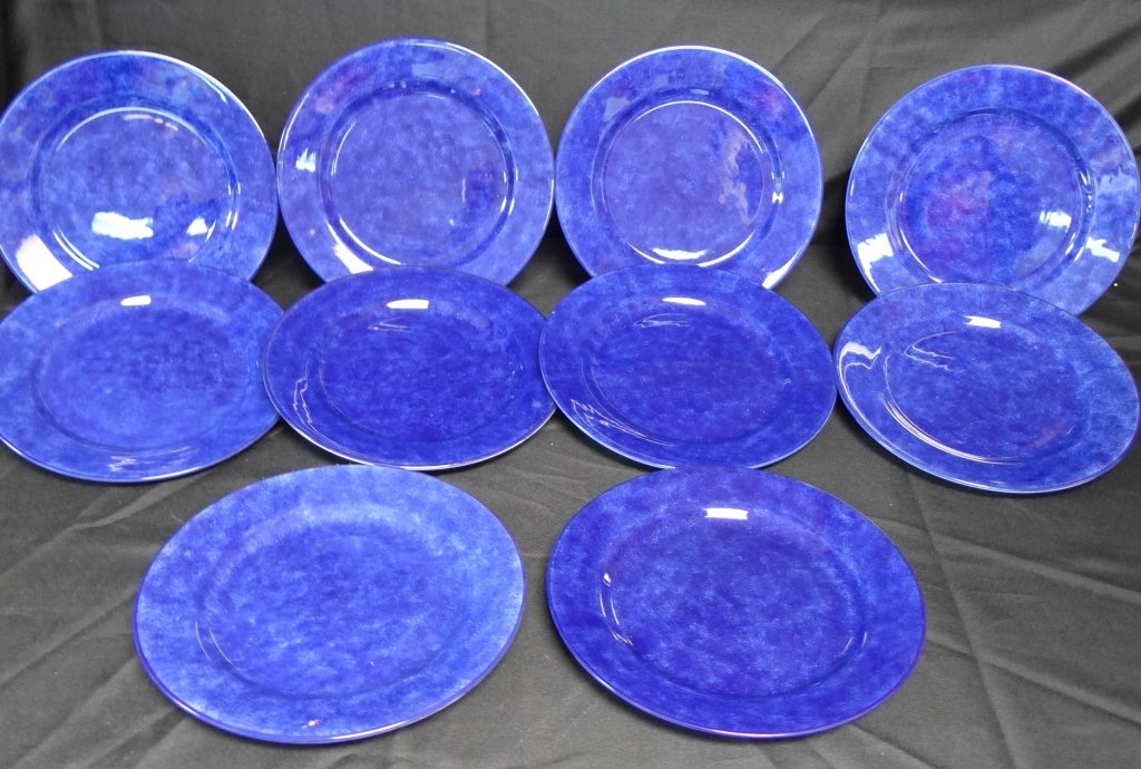 Italian Dinner Plates, Set of 10: Lovely cobalt blue dinner plates. Maker's label on back reads: Made in Italy, Decorato A Mano B.L. Diameter: 10 1/2" (pottery, porcelain, ceramic, tin- glazed, dinnerware) STERLING ASSOCIATES STRIVES