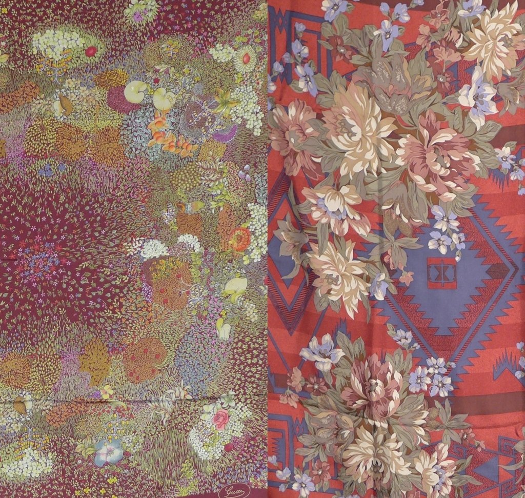2 Designer Silk Floral Scarves: Collection of 2 Designer Scarves. Includes: Ralph Lauren Silk - Floral and Geometric, and GUCCI...Red Floral Botanical Print Silk, Imperfections. Height: 35"; Width: 34". (lily, wrap, designer, coutur