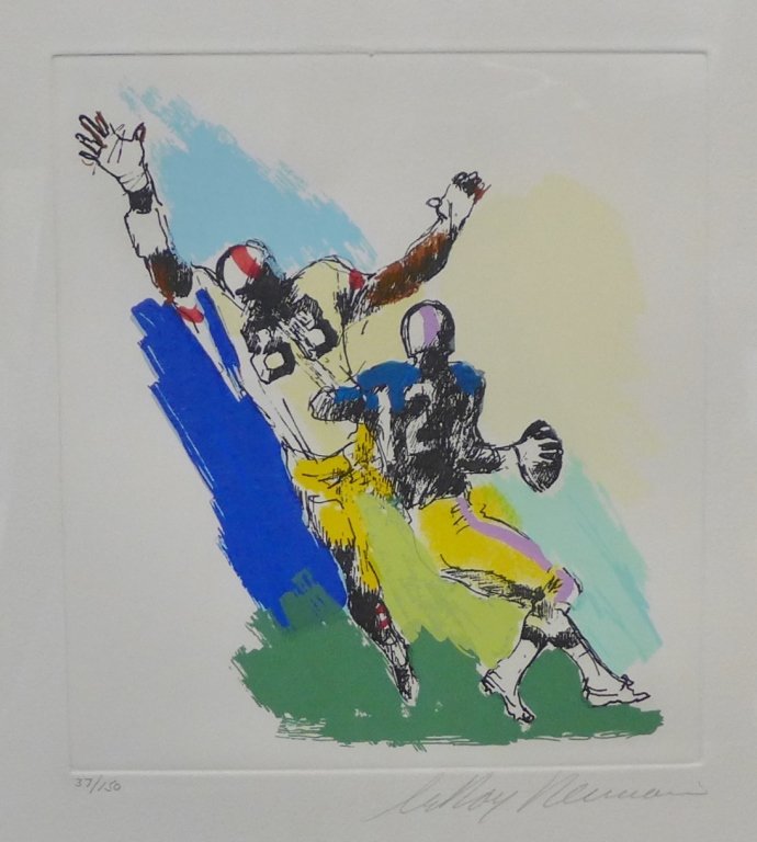 LeRoy Neiman, American (1921 - 2012): Limited edition football serigraph. Numbered and signed in pencil. 37/150. Neiman is known for his brilliantly colored, expressionist paintings and screen prints of athletes, musicians, and sporting e