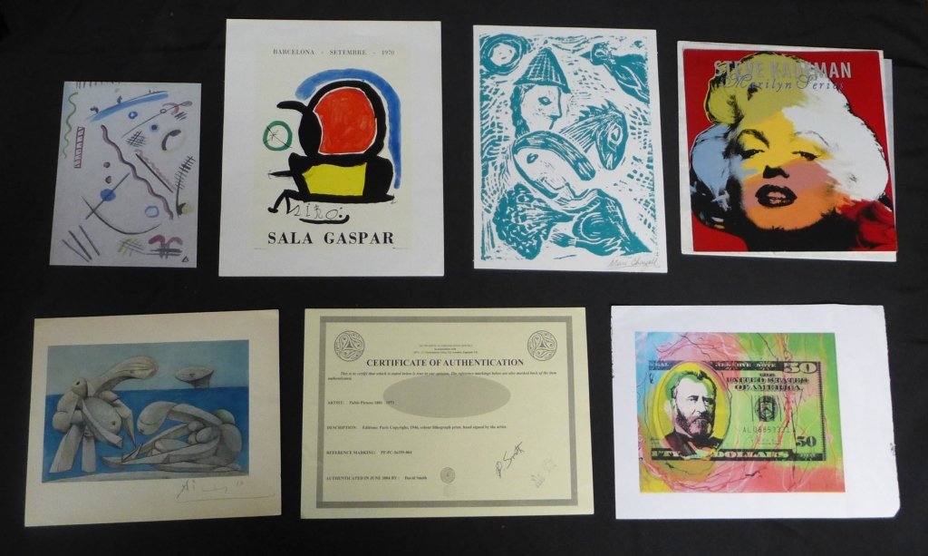 Modern Art Print Grouping: .Modern Art Print Grouping. Includes: "On the Beach (La Baignade)" 1937 by Pablo Picasso unframed lithograph print. Pencil signed. (with a certification), Marc Chagall "Couple and Horse" (Unframed) Li