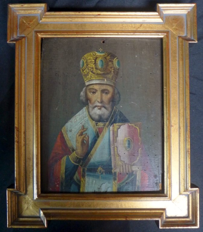 Saint Nicholas Icon: Beautiful antique painting on board/ panel in gilt frame. Saint Nicholas of Myra, Russian. Height: 13 3/8", Width: 11 3/8" & Image Size: Height: 9 1/2", Width: 7 1/2" (Orthodox, religion, Russian, Rus