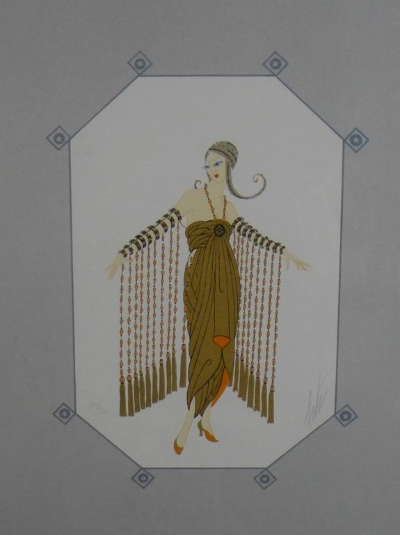 Romain de Tirtoff (Erte) Russia/French (1892-1990): Framed lithograph depicting woman in a gold dress. Signed and numbered in print. Height: 20 1/4", Width: 16 1/4" & Image Size: Height: 11", Width: 8 3/4" (art deco, fine art, print) STERLING ASSOCIATE