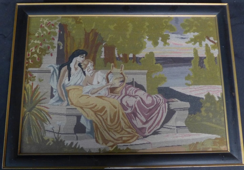 Framed Continental Aubusson: Outdoor figural scene depicting two women reclining on a stone bench, playing the harp. Framed under glass. Height: 17 3/4", Width: 23 3/4" & Image Size: Height: 15", Width: 20 3/4" (textile, embroide