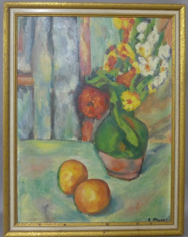 Impressionistic Still Life Painting: Lovely still life depicting a vase with flowers and fruit. Signed on lower left. L Powers. Oil on board. Some slight imperfections. Height: 26 1/2", Width: 20 1/2" & Image Size: Height: 23 1/2", Width