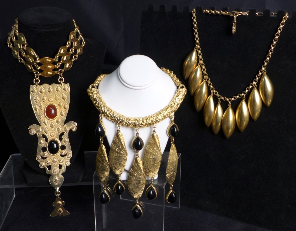 Assorted Statement Necklaces: Three Assorted Statement Necklaces. Includes: Vintage Erwin Pearl necklace, Signed Accessocraft N.Y.C., circa 1970s and more. Missing clasp on unmarked necklace. Height: 9 1/4; Width: 16". STERLING AS