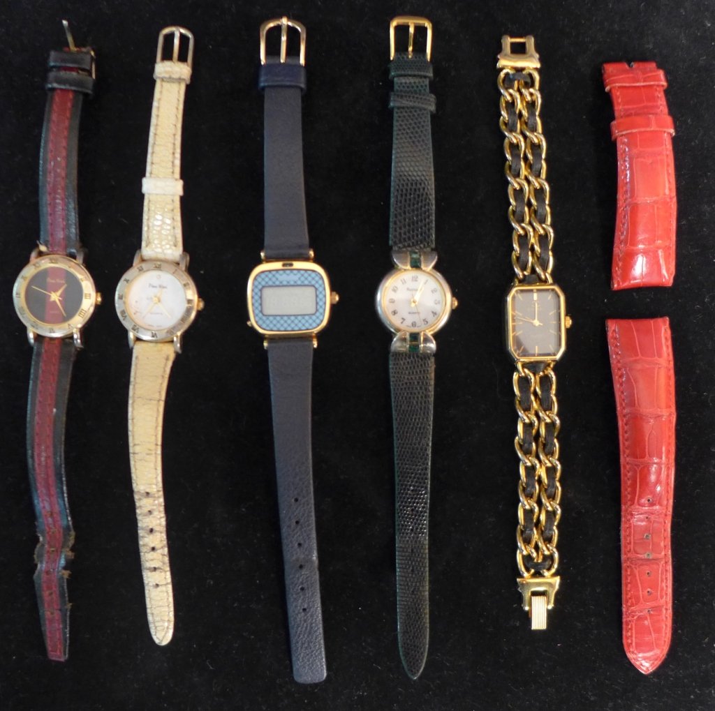 Collection of Ladies Wrist Watches: Collection of Ladies Wrist Watches. Includes: Vintage Chanel black dial gold tone chain style belt, Rumours Ladies Watch with green stones, 2 Pierre Nicol ladies watches, and more. Length: 8"; Width: