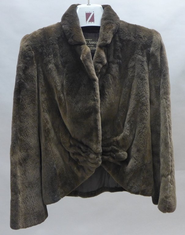 Giorgio Armani Brown Fur Jacket: Stunning brown fur jacket designed by Giorgio Armani exclusively for Bergdorf Goodman New York. Inside lining has embroidered initials: GGP. Shoulder to Shoulder length: 16", Sleeve length: 23" & Tota