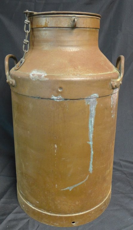 Antique Metal Milk Jug with Lid: Early 20th Century. Large steel container has two riveted handles. Some wear, rust and other slight imperfections. Height: 25 1/2", Width: 14" (farm, dairy, can, decorative accessory, vintage, antique