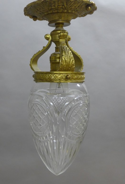 Cut Glass Ceiling Fixture: Brass flush mount chandelier with wheel cut glass shade. Beautiful ceiling fixture with one light socket. Height: 12 1/4", Width: 5 1/4" (lighting, electrical, interior design) STERLING ASSOCIATES STR