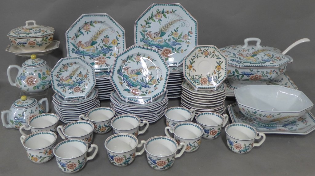 Hand Painted and Signed Serving Set for 12: Lovely ceramic service of over 75 pieces. Table setting for 12. All have maker's signatures/ marks on bottom. Made in Portugal. Some slight chips. Collection includes: 12 dinner plates width: 10 3/8",