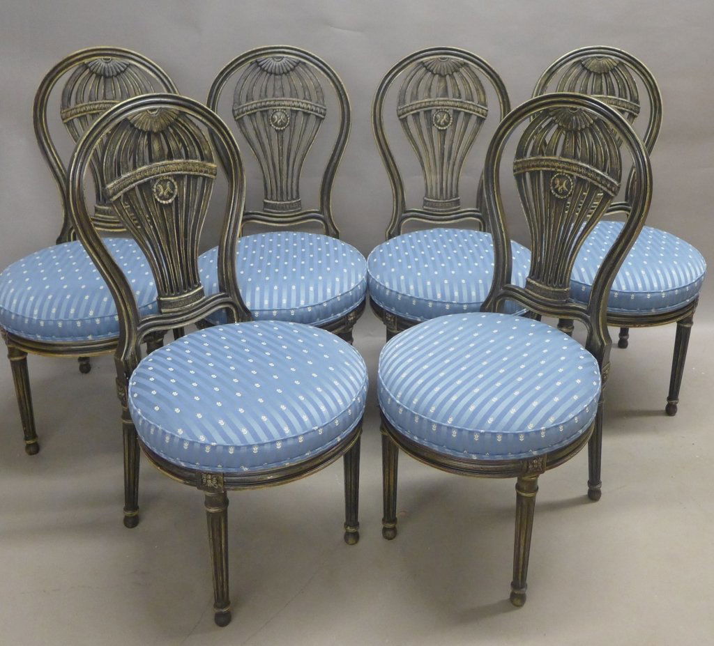 Set of Balloon Form Dining Chairs: Set of six dining chairs, all side chairs. Carved and painted wood frames with blue upholstered seats. Fluted tapered legs. No noticeable maker's marks. Height: 39 3/4", Width: 19 1/2", Depth: 21" (se