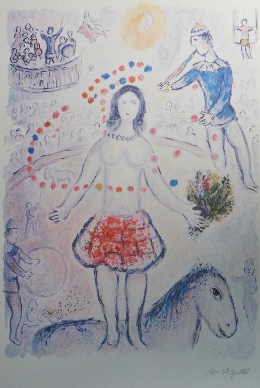 Marc Chagall, Russian/ French (1887- 1985): Circus Juggler. Color litho on rice/ Arches paper. Signature (in print) on lower right. Damage to paper on lower right side. Height: 30 1/8", Width: 24" & Image Size: Height: 22 1/2", Width: 16 1/2" (