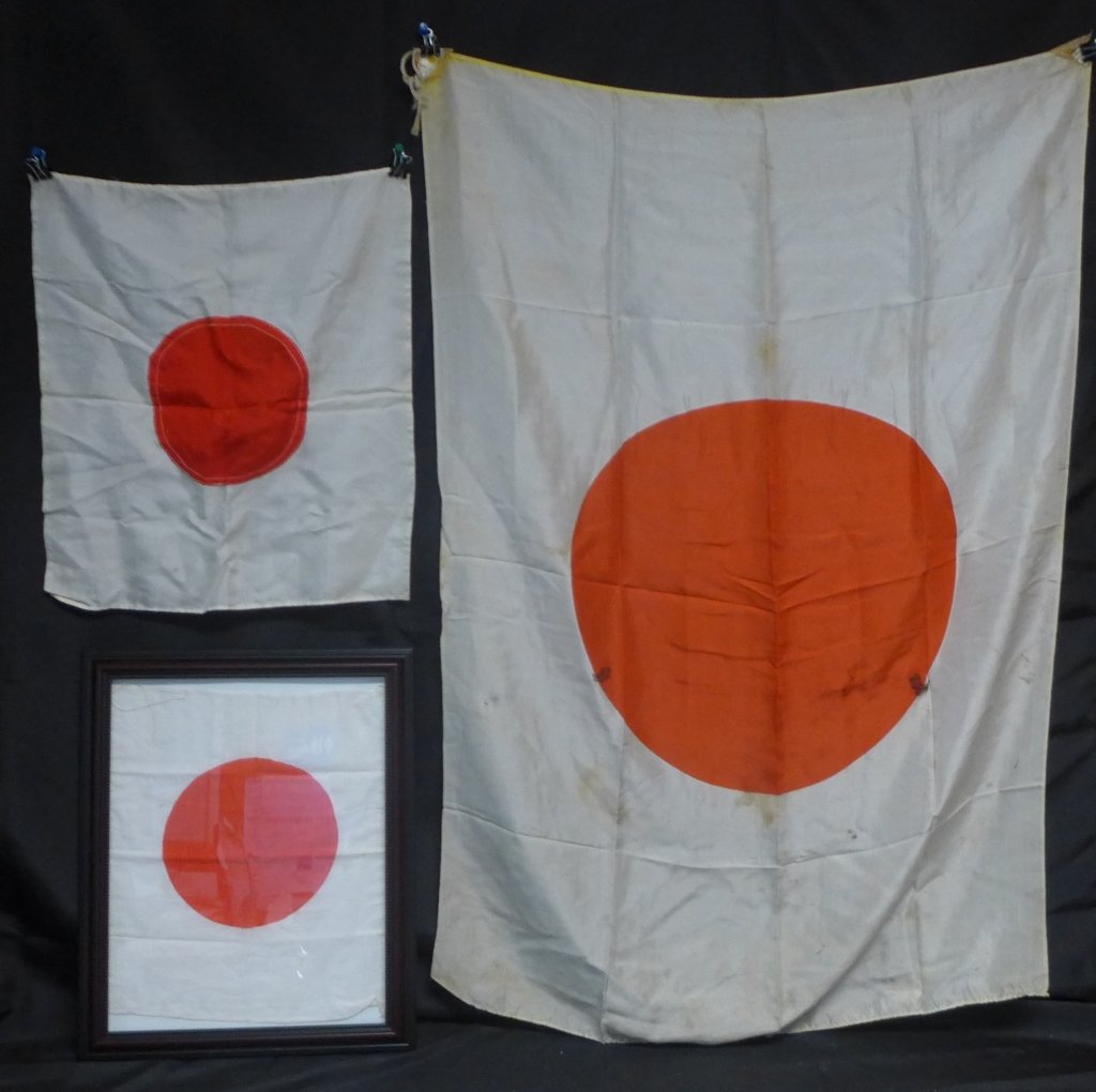 Set of 3 Japanese WWII Meatball Flags: Three Japanese WWII Meatball Flags. 2 Silk and one framed linen / cloth flag feature the red sun. Imperfections and age appropriate wear. Largest flag Height: 27"; Width: 38 1/2". (prayer flag, Army, 