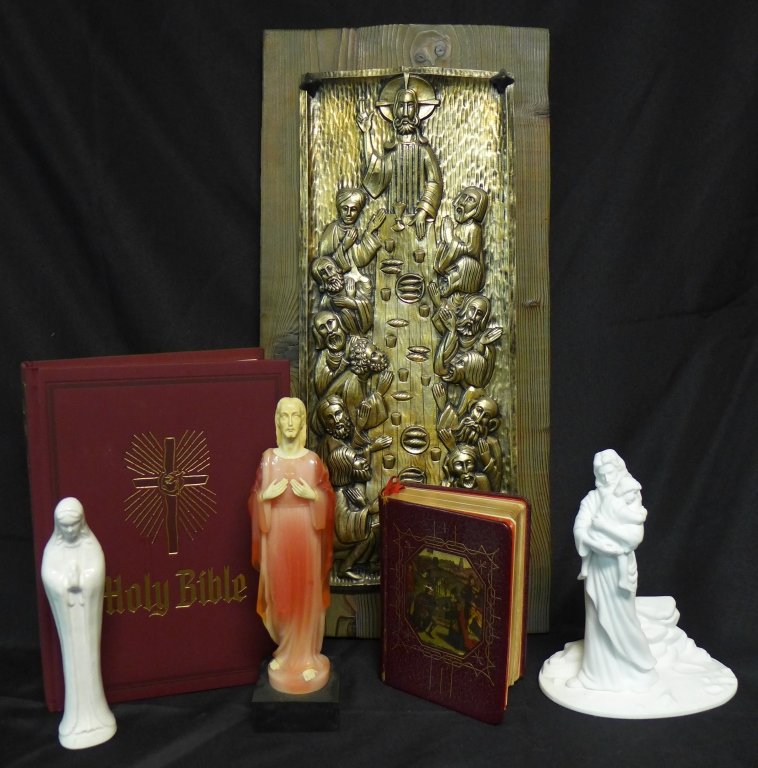 Collection of Religious Items: Large collection of Religious books and art. Assortment includes: -The Catholic Family Bible, New American Bible with revised Psalms and revised New Testament.-The Missal. Containing all the Masses fo