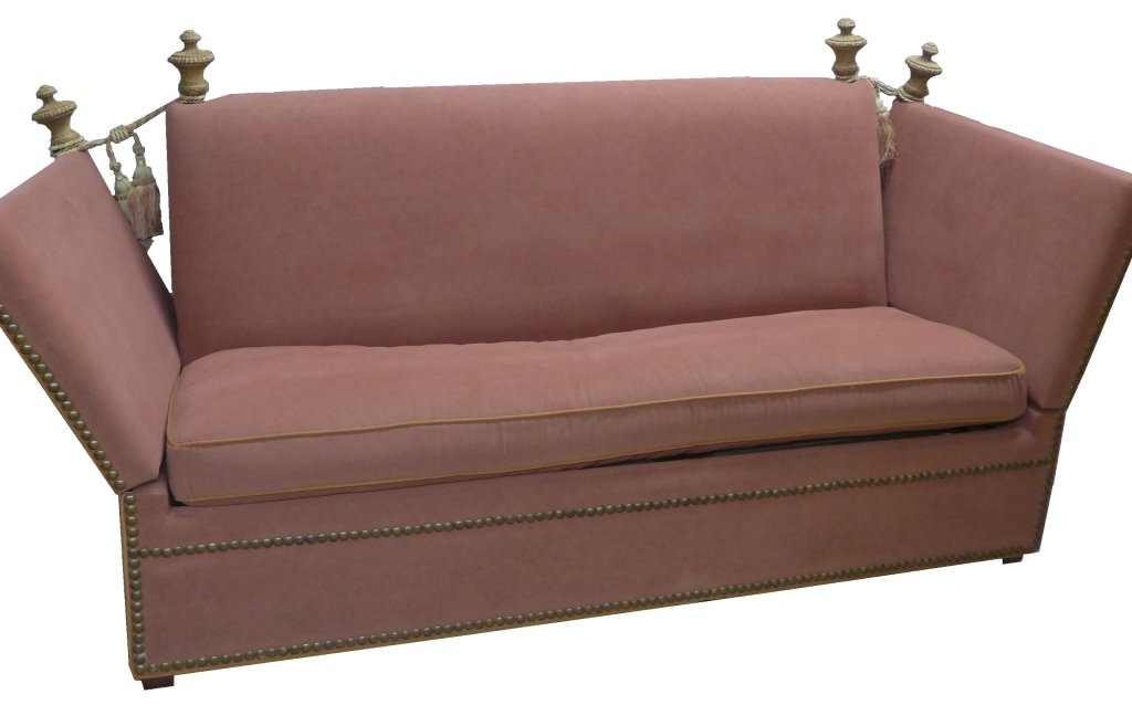 Knole Sofa Settee: This beautiful sofa bed features double tie backs holding the sides in place and nail head design. Imperfections and old repairs. Height: 46", Length: 78", Depth: 36 1/2"(tiplady, seat, futon, couch, 