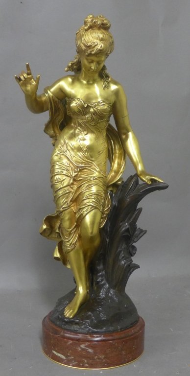 Auguste Moreau, French (1834 - 1917): Antique dore and patina over bronze figural sculpture of a beautiful young woman on red marble base. Signed: A. Moreau. French 19th Century Height: 26 3/4", Width: 13" (fine art, statue, sculpture, fe
