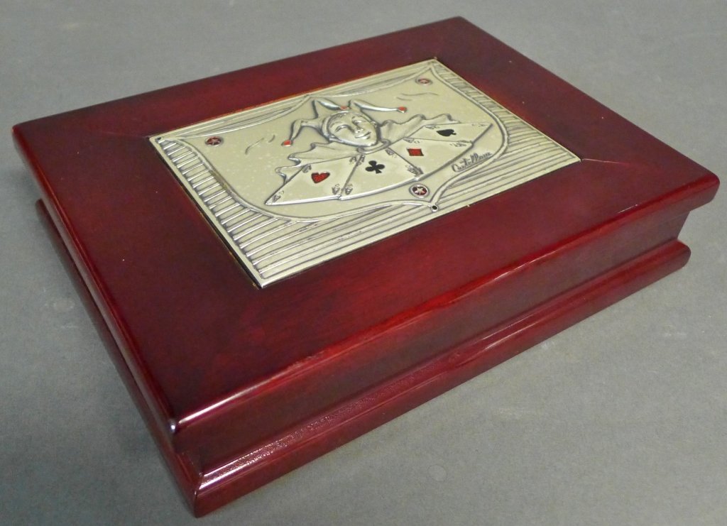 Italian ACCA Valore Nel Bello Castellani Card Box: Lovely vintage Italian wooden playing card box with makers label ACCA on interior lid and signed (Bruno) Castellani on sterling silver plaque. Sterling silver plaque on lid with joker and playing card
