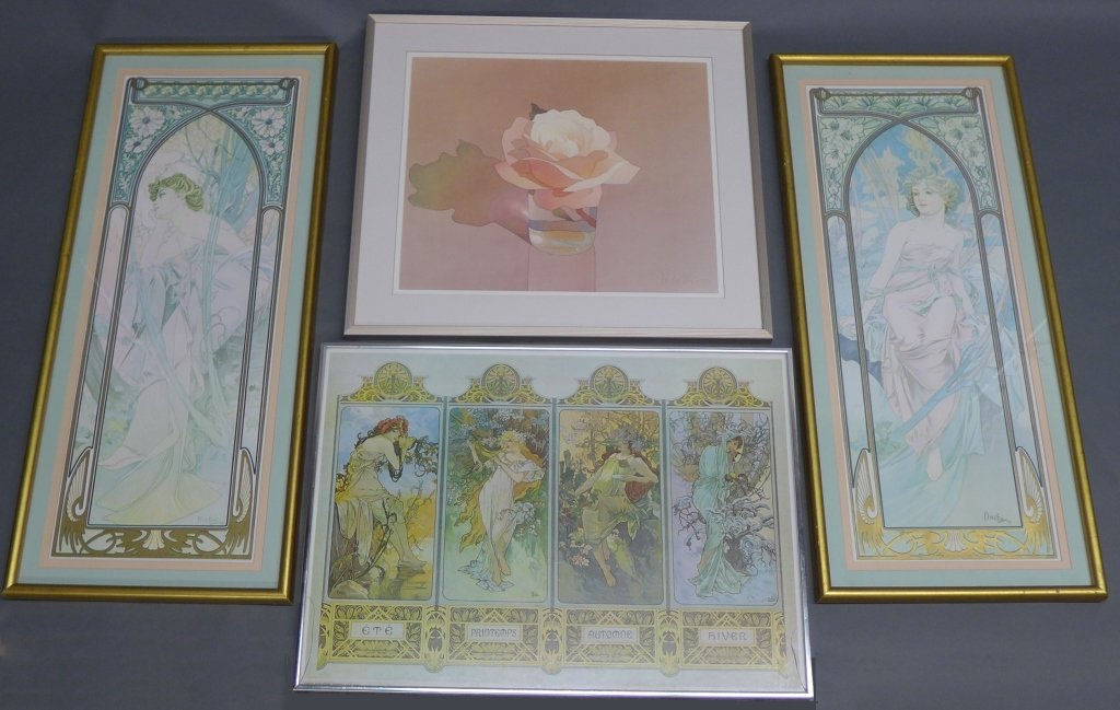 Alphonse Mucha, Czech Republic (1860-1939): Collection of framed prints include 3 prints by Alfons Maria Mucha and 1 stylized floral still life. The two vertical female portraits are from the Times of the Day series. Mucha was a Art Nouveau pai