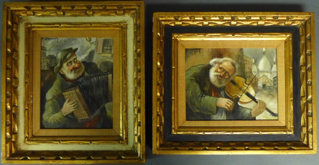 Marcel Prunier, French (- 1980): Two portraits portraying elderly gentlemen musicians with a Parisian scene as a backdrop. Oil on canvas, both are signed on top left. Backs of canvases are signed: Marcel Prunier Paris. Height: 14", W