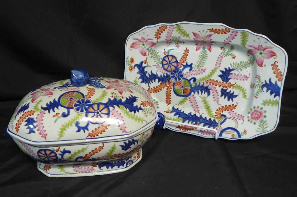 Antique Imari Tobacco Leaf Tureen and Stand: Chinese Export porcelain tureen, lid and stand. Pseudo-tobacco-leaf pattern platter. Sculpted monkey head handles on sides and sculpted fruit handle on lid. No noticeable maker's mark or seal. Total H