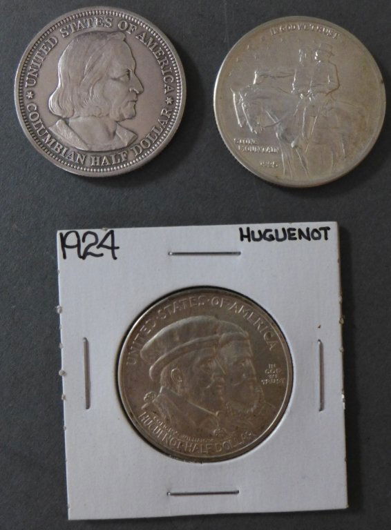 Three Commemorative Half Dollar Coins: Three Commemorative Half Dollar Coins. Includes: 1924 Huguenot-Walloon Tercentenary Commemorative Half Dollar, 1893 COLUMBIAN EXPO COMMEMORATIVE HALF-DOLLAR, 1925 STONE MOUNTAIN (features Confederate