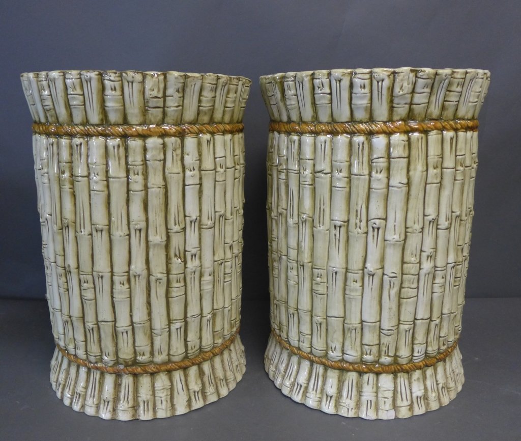 Pair Garden Stools: Beautiful pair of porcelain garden stool in the form of bundled bamboo. Some slight chips. No noticeable maker's marks. Height: 18", Diameter: 12 1/2" (ceramic, seating, accessory, furniture) STERLING