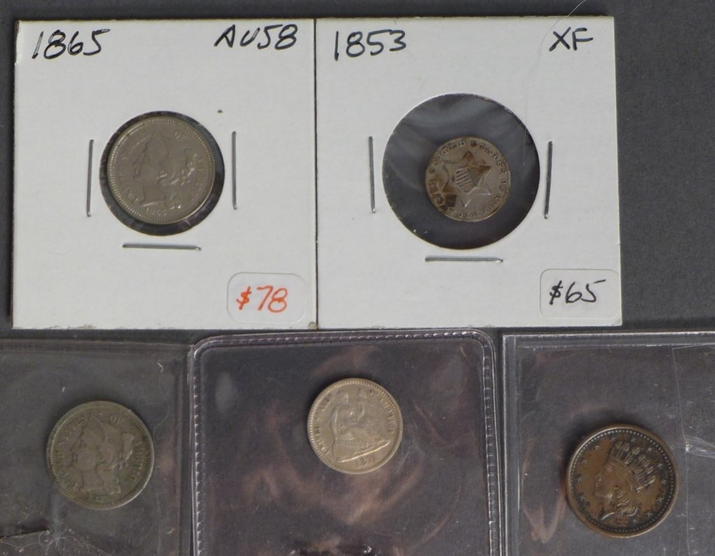 Assortment of 3 Cent & 5 Cent Coins: Five Coin Assortment of Three Cent & Five Cent Pieces. Includes: 1865, 1853, 1870 3C & 1864, 1871, 5C (Penny, Liberty, $1, money, collecting, Numismatics, currency, eagle, E Pluribus Unum) STERLING AS