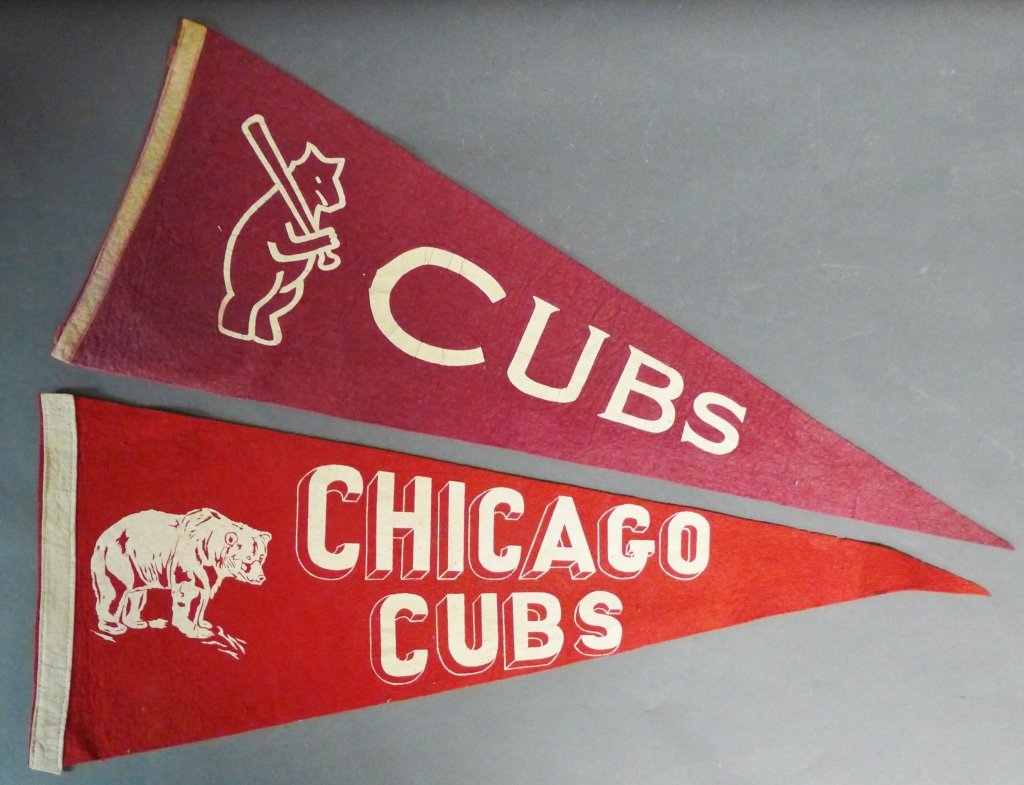 Chicago Cubs Pennant Flags: Two vintage felt baseball flags for the Chicago Cubs. Some noticeable wear and fading. Height of larger flag: 11", Length: 29" (MLB, baseball, collectible, Major League Baseball) STERLING ASSOCIATES S