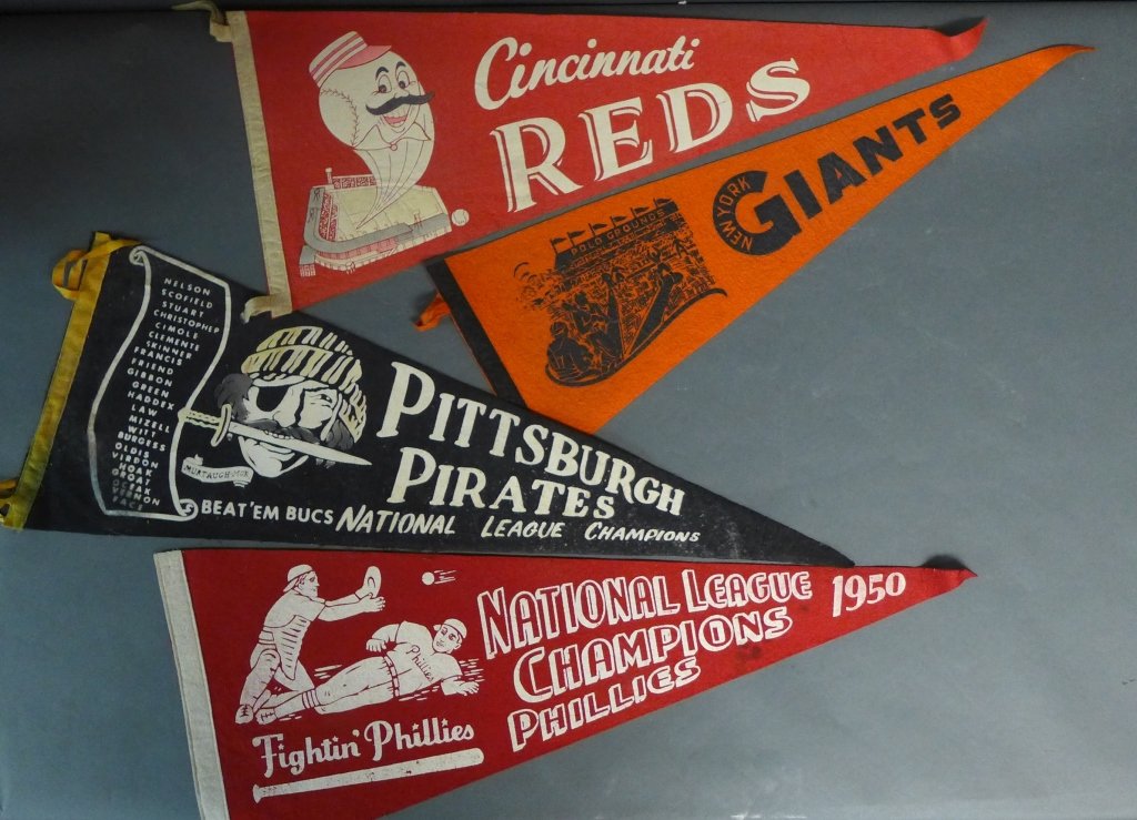 National League Vintage Baseball Pennant Flags: Grouping of four felt baseball flags includes: Cincinnati Reds, New York Giants, Pittsburgh Pirates National League Champions (circa 1960's), & Fightin' Phillies National League Champions 1950. Some n