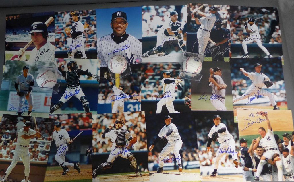 New York Yankees Autographed Photos & Baseballs: Collection of over fifteen 8 x 10 signed photos. Included but limited to: -Gary Sheffield autographed photo. -Jim Leyritz autographed photo. -2 color photos of Derek Jeter with autographed signatures.