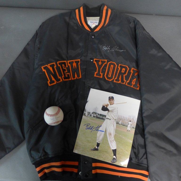 Bobby Thomson Autographed Jacket, Baseball & Photo: Robert Brown "Bobby" Thomson was a Scottish-born American professional baseball player. Nicknamed "The Staten Island Scot". Collection includes: -Color 8 x 10 photo with autographed signature. -Signed