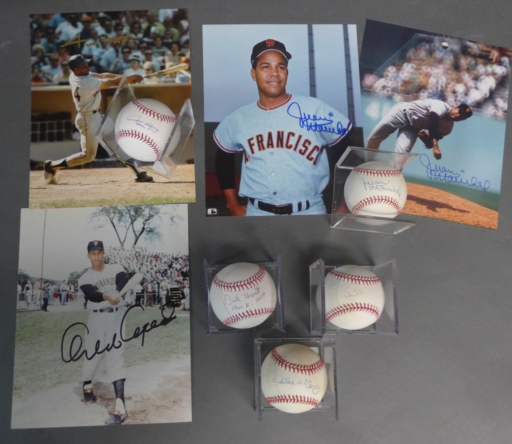 San Francisco Giants Signed Baseballs & Photos: Collection includes: -Richard Morrow "Dick" Groat signed baseball. Autograph reads: Dick Groat 1960 W.C. MVP. No COA -Willie Mays signed baseball and color photo with autographed signature. No COA. -W