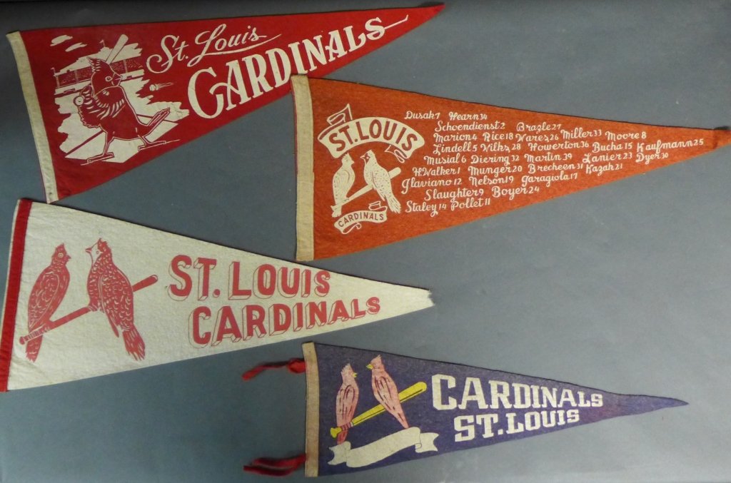 St. Louis Cardinals Vintage Pennant Flags: Grouping of 4 vintage felt team flags. Sizes vary. Circa 1940's, 50's and 60's. Some wear, fading and imperfections. Height of largest flag: 11 1/2" & Length: 28" (MLB, baseball, collectible, Major Le