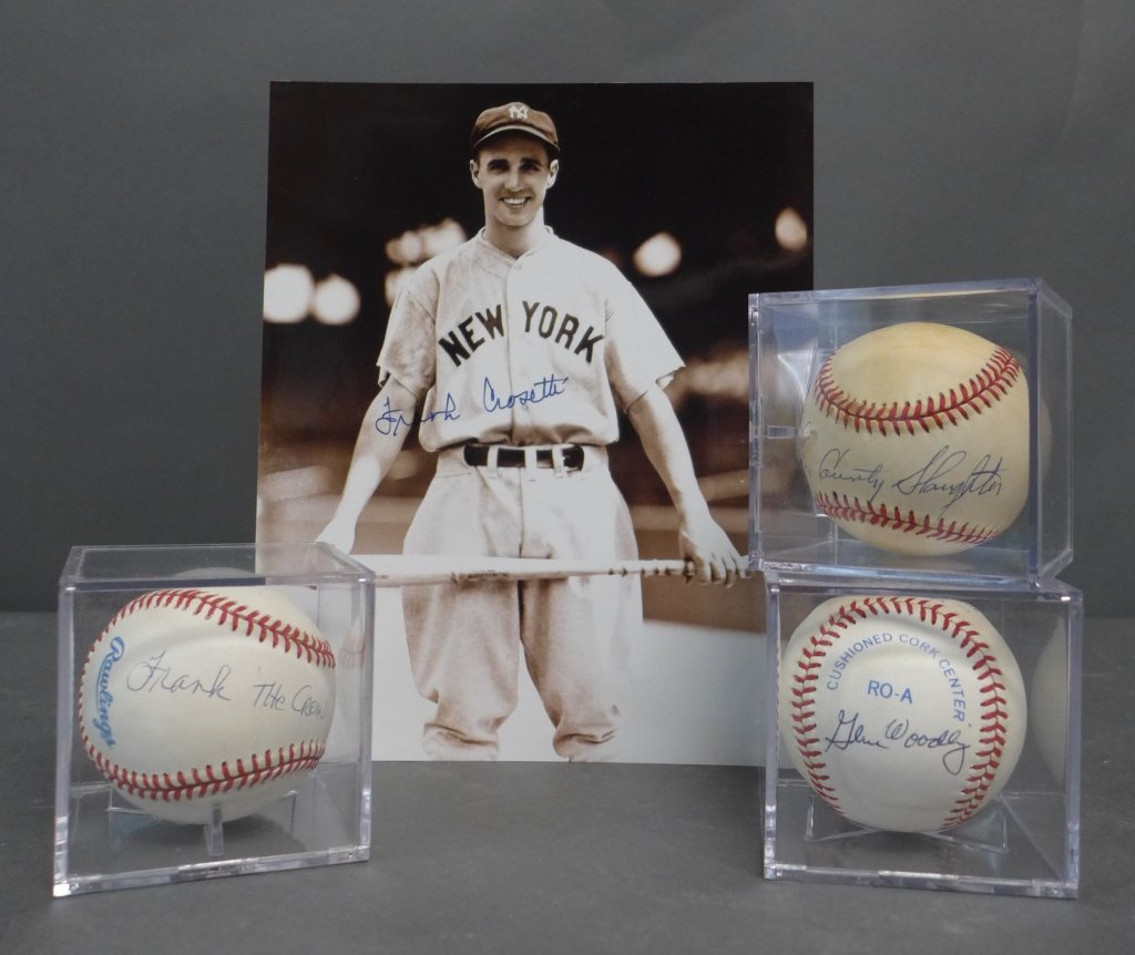 Vintage Yankee Autographed Baseballs & Photo: Vintage Yankee Players Autographed Baseballs & Photo. Includes: Enos "Country" Slaughter (JSA Number:D62723), Gene Woodley (JSA Number:E53828) Frankie Crosetti "The Crow"; Also includes NY Yankees Aut