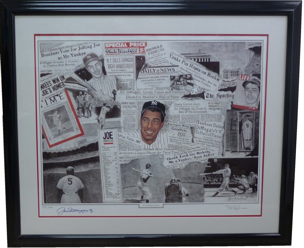 Joe Dimaggio Autographed Litho by R. S. Simon: "Joe Dimaggio Legacy" 359/1000, Limited edition lithograph. Numbered and signed by both Robert Stephen Simon and Joe Dimaggio. Framed and doubled matted under plexi glass. No COA included. Height: 34 