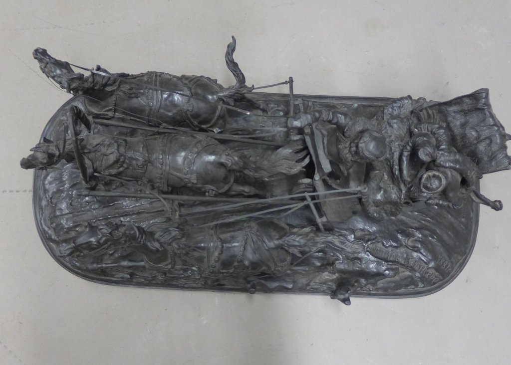 Russian Bronze Troika Scene: Patinated bronze sculpture depicting a winter scene where an Izvozchik with two passengers is driving three horse sled. Signature on base. Height: 16", Width: 38", Depth: 17"(sleigh, fine art, sculptu
