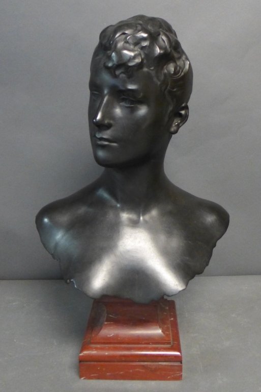 Alexandre Falguiere, French (1831 – 1900): Bronze bust on red marble base by Jean Alexandre Joseph Falguiere. Thiebaut Freres Paris foundry mark stamped on back. Signature incised on shoulder. Height: 24", Width: 15", Depth: 9" (female portrai