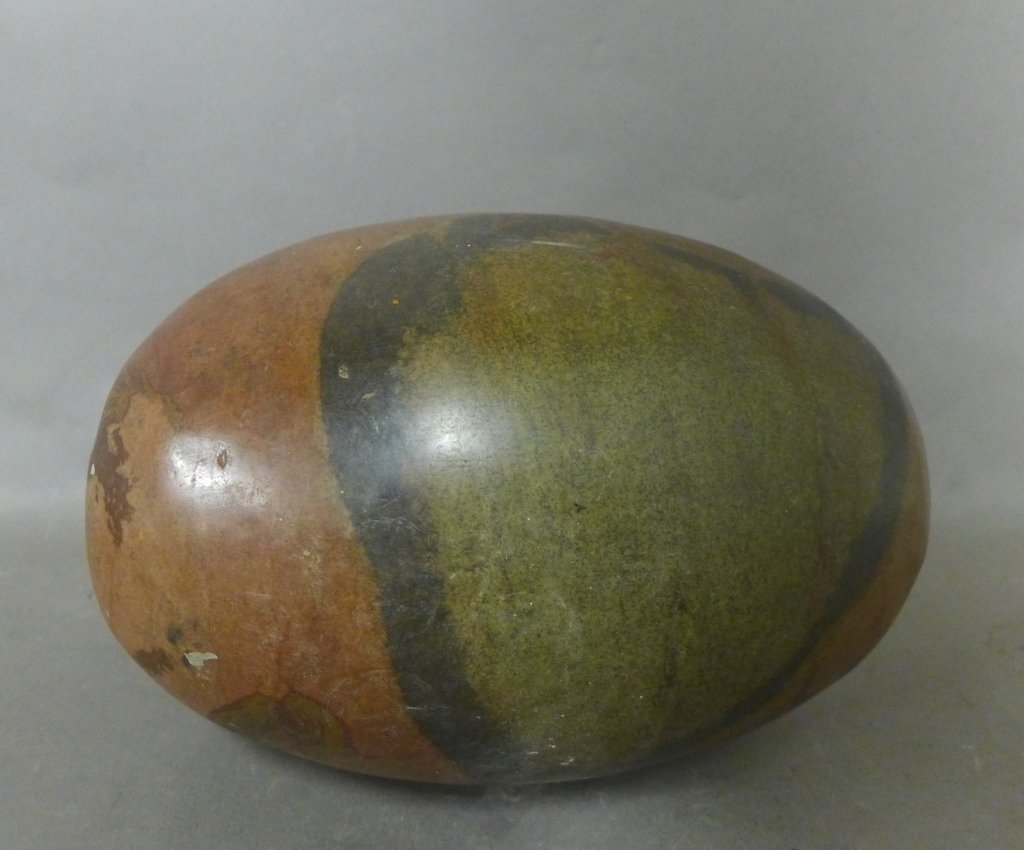 Polished Stone Ovoid Sculpture, India: Modern egg shaped multi colored stone sculpture. 20th Century. Some surface scratches. No noticeable maker's marks. Height: 6", Width: 9" (fine art, statue, collectible) STERLING ASSOCIATES STRIVES TO