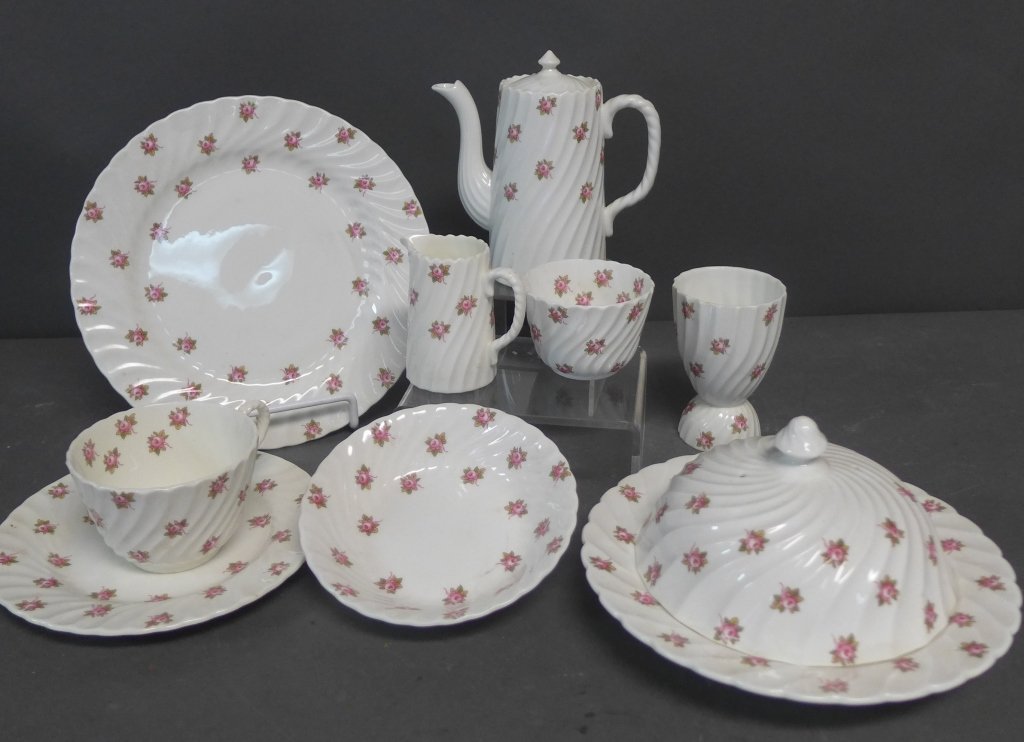 Aynsley Bone China Grouping: Vintage Aynsley fine English bone china serving ware. Tea set for one decorated in a pink rose pattern. Collection includes: covered bowl, creamer, tea pot, plates, cup and more. Maker's marks on the 