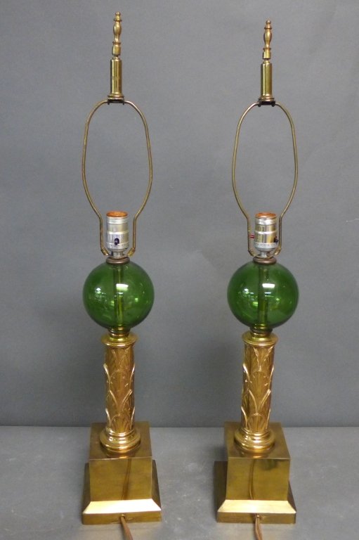 Pair of Vintage Lamps: Two art deco table lamps. Decorative brass bodies with transparent green glass spheres. No noticeable maker's marks. Height up to socket: 20", Width: 5 1/4" (lighting, art deco, interior design) STERL