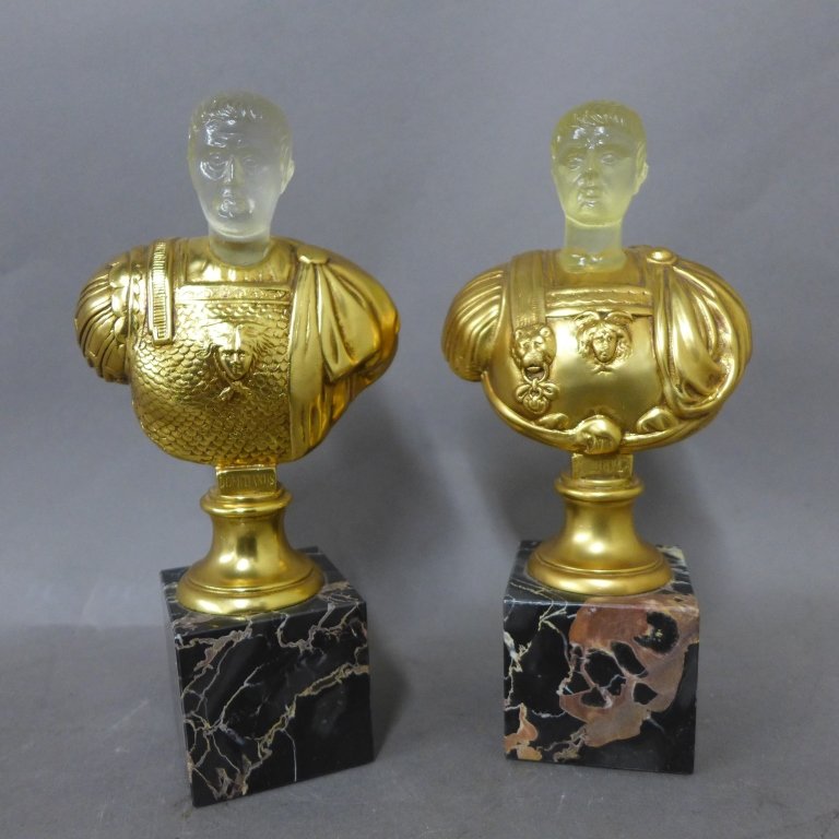 20th Century Roman Emperor Busts: Two Alva Museum Gilt Brass Replica Roman Soldier Busts on Marble Bases. Domitianius (Titus Flavius Caesar Domitianus Augustus) & Caligula (Gaius Julius Caesar Augustus Germanicus). Height: 7 1/2", Wid