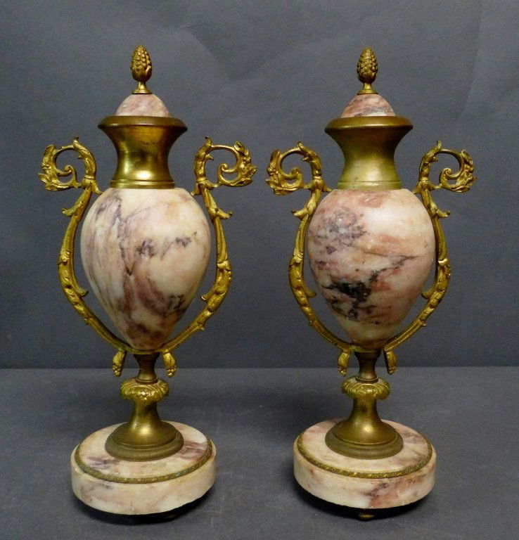 Pair of Gilt Bronze & Marble Cassolette Urns: Pair of 19th Century Gilt Bronze & Marble Garniture Urns. Imperfections. Height: 12 1/2"; Width: 4"; Depth: 6". (decorative accessory, interior design, statue) STERLING ASSOCIATES STRIVES TO PROVIDE A