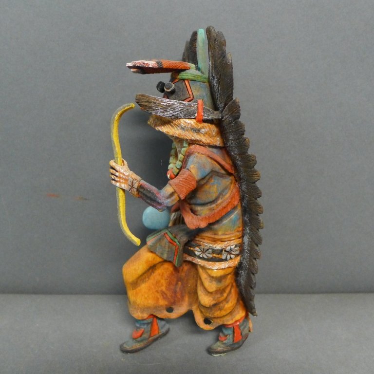 Native American Rain Bringing Kachina: Intricate carvine of a Native American Rain Bringing Kachina, by artist Aaron Honanie. 20th Century. Detached from base. Height of figure: 8 3/4" (collectible, hand crafted, vintage) STERLING ASSOCIAT