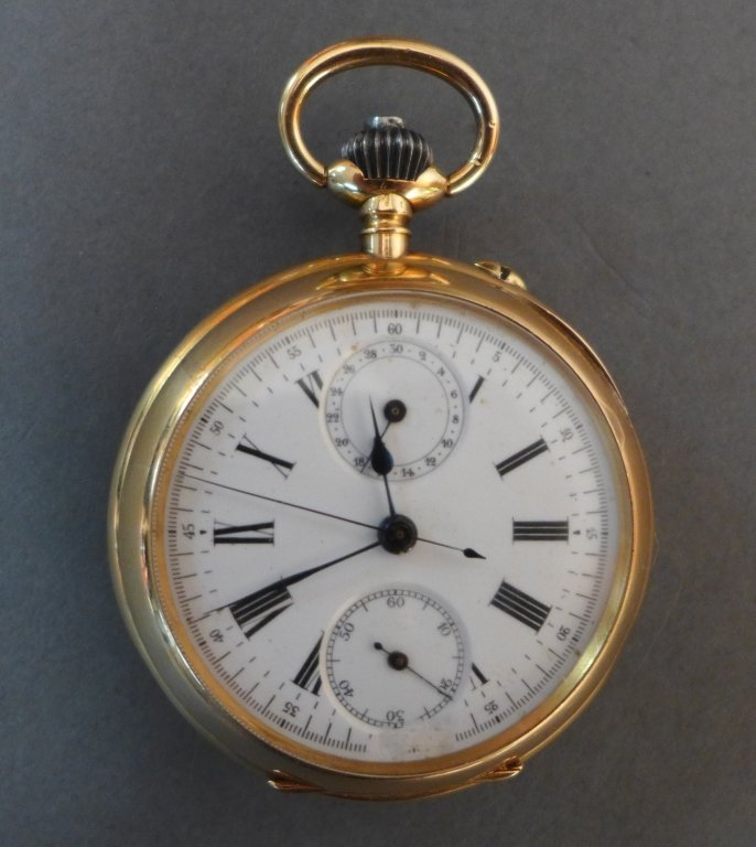 Gold Open Face Pocket Watch: 18K Gold Open Face Pocket Watch. Marked inside case "18K / 223601" Height: 2 3/4"; Width: 2"; Depth: 3/4". Total approximate weight: 87 grams. *As with all mechanical devises we cannot guarantee worki