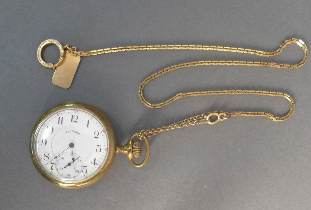 Illinois Open Face SideWinder Pocket Watch w/Chain: Illinois Open Face Side Winder Pocket Watch with Chain. Illinois Watch Co. / Springfield, USA / 21 Jewels / 2583175 Case marked: Empire / Guaranteed / 20 years / Chain tag marked 1/20 12k Gold-filled.