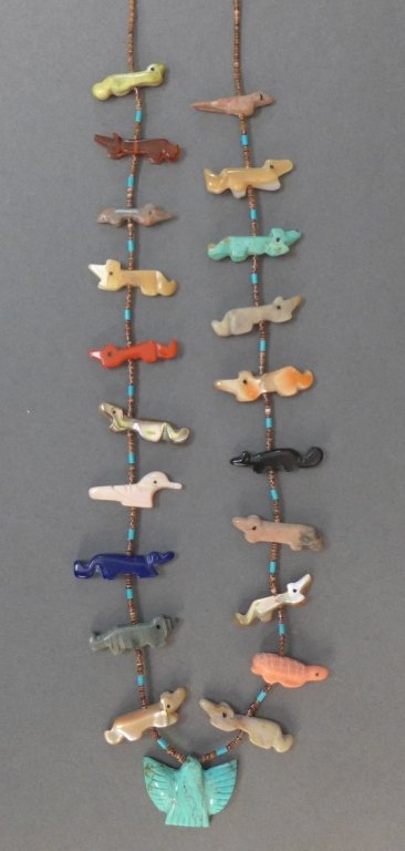 Native American Thunderbird Fetish Necklace: Vintage Native American Natural Stone Animal Fetish Thunderbird Bead Necklace. Stones include turquoise, jet, spiny oyster shell, lapis lazuli, mother of pearl and more. Animals include turtle, fox, w