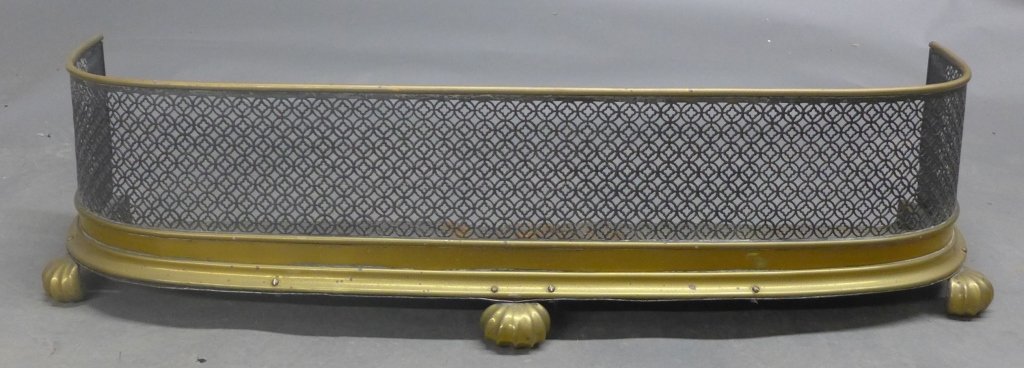 Claw Foot Fireplace Fender: Fireplace surround with claw feet. Patinated brass. Imperfections and wear. Height: 10", Width: 40", Depth: 12 1/2" (fireplace, decorative accessory, vintage, antique, rail guard) STERLING ASSOCIATES 