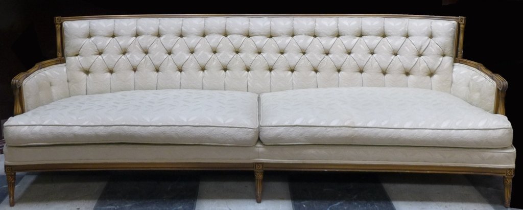 Louis XVI Style Sofa: Lovely upholstered sofa with painted wood frame. Noticeable discoloration. Height: 31", Width: 92", Depth: 32" (furniture, seating, interior design) STERLING ASSOCIATES STRIVES TO PROVIDE ACCURATE, OB